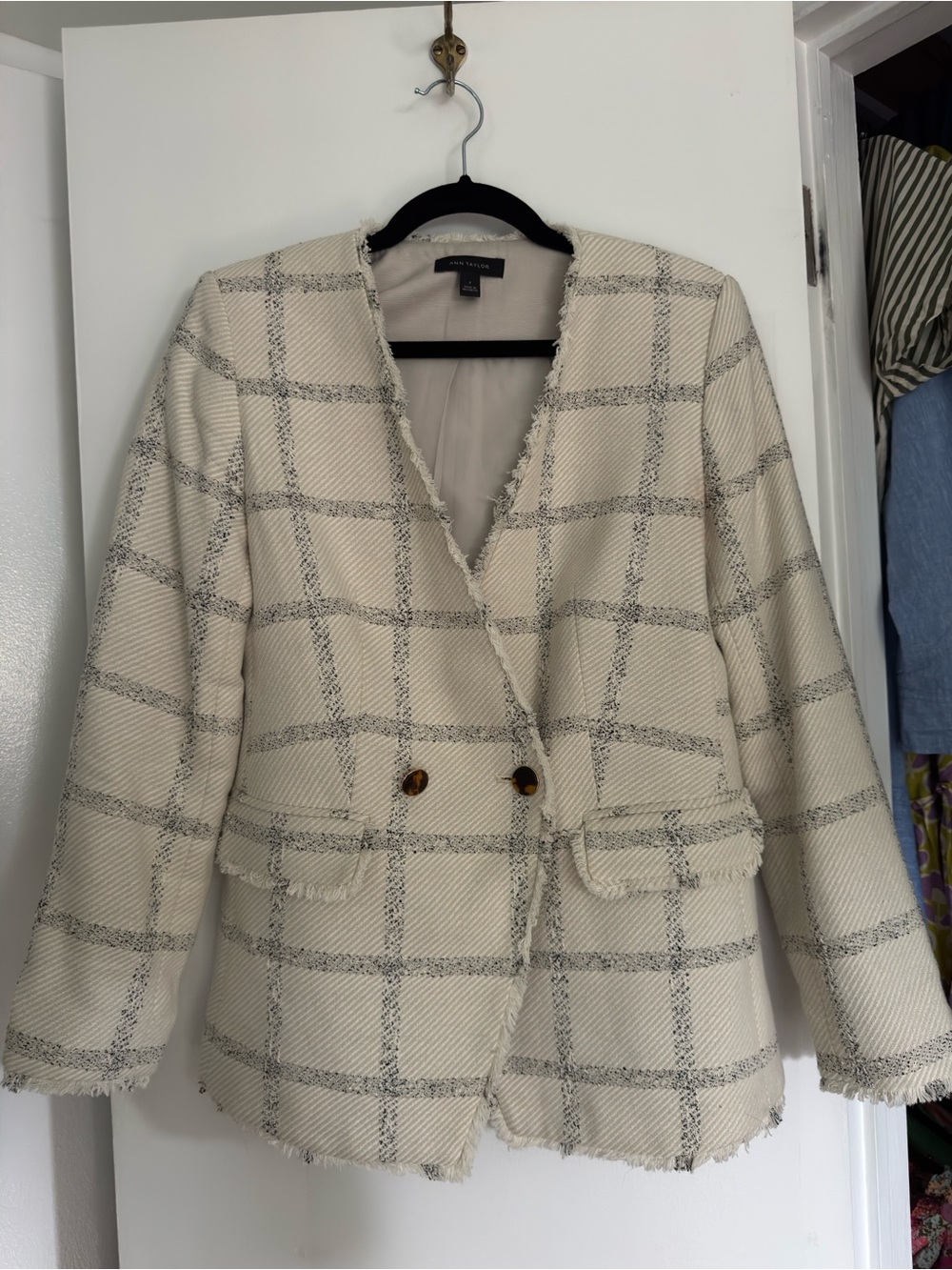 Ann Taylor Women’s Cream Plaid Frayed Blazer Jacket